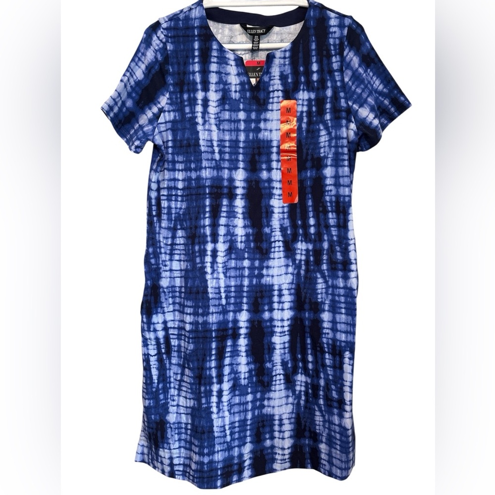 NWT Ellen Tracy Women’s Pima Cotton Relaxed Knit Dress Indigo Tie Dye Pockets M